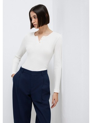 Mavi Uzun Kollu Düğme Detaylı Ekru Tişört 1613756-70057