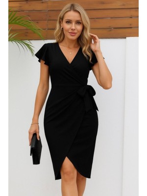 Indispensablely Kadın Kısa Kollu Kruvaze Yakalı Belden Bağlamalı Ithal Krep Elbise