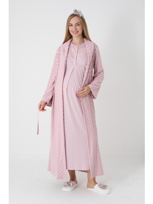 Erdeniz Tekstil Şık Kareli Jakarlı Hamile/lohusa Gecelik + Sabahlık 2 ‘li Set – Viskoz Pamuk, Emzirme Düğmeli