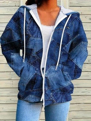 Indispensablely Kadın Uzun Kollu Kapşonlu Fermuarlı Kot Desenli Bağcıklı Modal Ceket