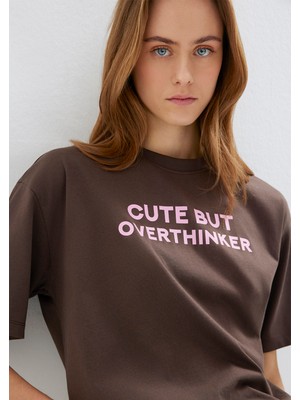 Mavi Slogan Baskılı Kahverengi Tişört 1614012-88067