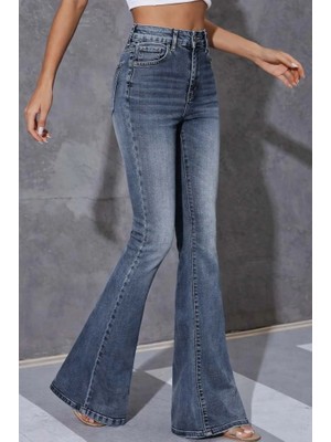 Veralya Kadın Yüksek Bel Fermuarlı Ispanyol Paçalı Kot Pantolon