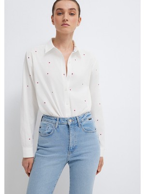 Mavi Çiçek Baskılı Ekru Gömlek 1210610-91381