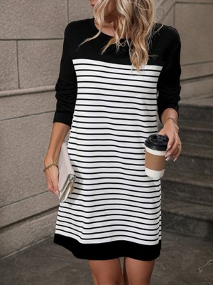 Yeşil Sarmaşık Kadın Bisiklet Yaka Uzun Kol Çizgili Iki Iplik Kumaş Mini Boy Elbise