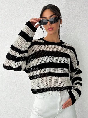 Zemira Çizgili Bisiklet Yaka Triko Kazak Beyazsiyah