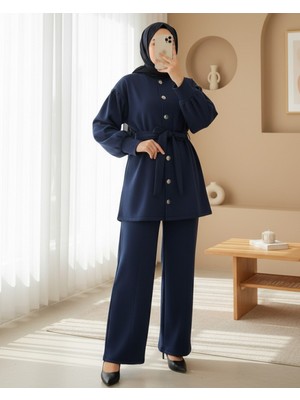 Modamorfo Beli Kemerli Önü Düğmeli Pantolonlu Scuba Takım  -Laci