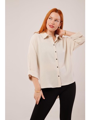 Yeşil Sarmaşık Kol Katlama Detaylı Bej Gömlek