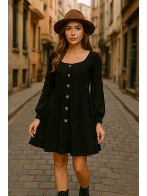 Yeşil Sarmaşık Kadın Uzun Kollu Kare Yaka Önden Düğmeli Midi Şardonlu Kaşkorse Elbise