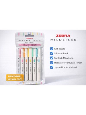 Zebra Mildliner 5’li Pastel Renk Çift Taraflı Fosforlu Kalem Seti – Japon Üretim