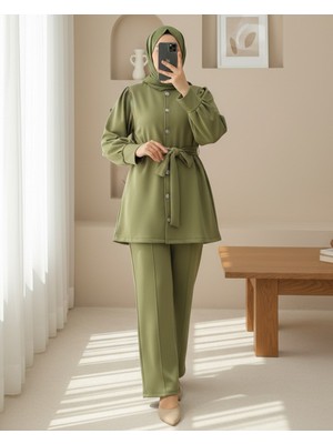 Modamorfo Beli Kemerli Önü Düğmeli Pantolonlu Scuba Takım  -Haki