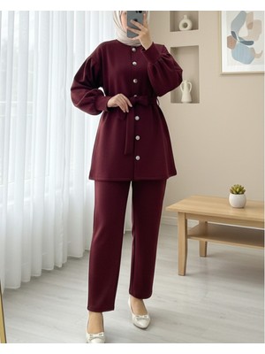 Modamorfo Beli Kemerli Önü Düğmeli Pantolonlu Scuba Takım  -Bordo