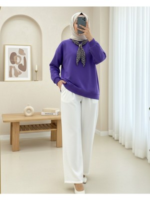 Modamorfo Fularlı Leopar Armalı 3 Iplik Sweat  -Mor