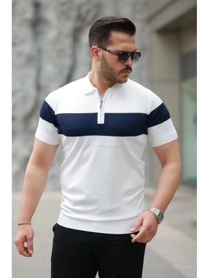 Veralya Erkek Fermuar Yakalı Şerit Renk Desenli Kısa Kollu Tişört