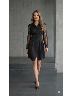 Veralya Kadın Uzun Kollu Yakalı Düğmeli Mini Ithal Krep Elbise