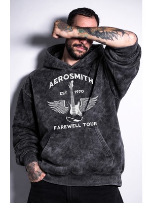 Fuddy Moda Unisex Aerosmith Baskılı Kapüşonlu Yıkamalı Sweatshirt, Oversize Rock Metal Baskılı Eskitme Hoodie