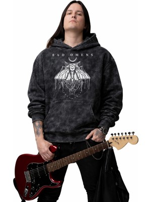Unisex Bad Omens Yazılı Kapüşonlu Yıkamalı Sweatshirt, Oversize Rock Band Baskılı Eskitme Hoodie