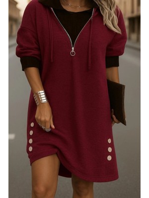 Veralya Kadın Uzun Kollu Kapşonlu Önden Fermuarlı Düğmeli Mini Iki Iplik Elbise