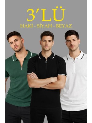 Veralya Erkek 3’lü Paket Dokuma Triko  Fermuarlı Yakalı Fitilli Kısa Kollu Regular Fit Tişört  Beyaz, Haki, Siyah
