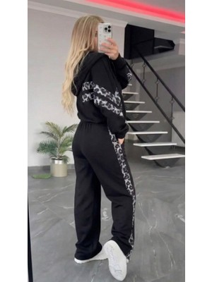 Kadın Uzun Kollu Kapşonlu Önü Fermuarlı Leopar Desenli Modal Bluz ve Pantolon Ikili Takım