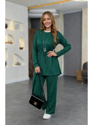 Veralya Kadın Uzun Kollu Bisiklet Yaka Belden Büzgülü Bağcıklı Viskon Iki Iplik Bluz ve Pantolon Ikili Takım