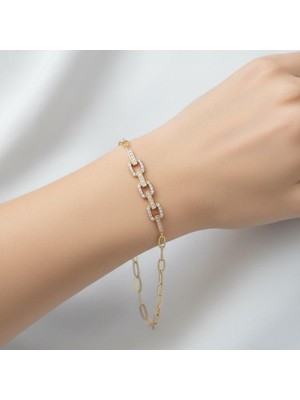 BURADABULDUN Taş Detaylı Zincir Bileklik - Altın Renk Kadın Bileklik (Pembe Taş Detay)