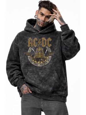 Fuddy Moda Unisex Vintage Ac-Dc Baskılı Kapüşonlu Yıkamalı Sweatshirt, Oversize Baskılı Eskitme Hoodie