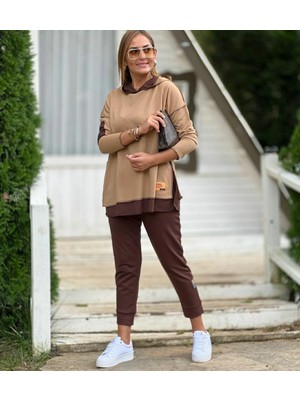 Veralya Kadın Kahve Kapşonlu Etek Ucu Detay Arma Ters Dikiş Gorunumlu Ikili Takım