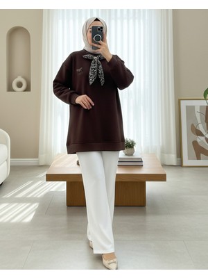 Moda Morfo Fularlı Leopar Armalı 3 İplik Sweat -K. Kahve