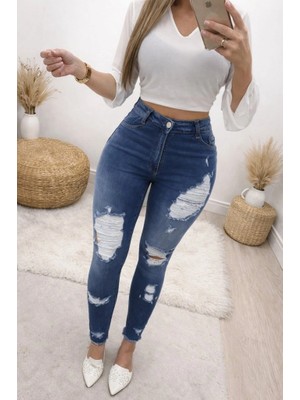 Veralya Kadın Yüksek Bel Düğmeli Yırtık Kot Pantolon