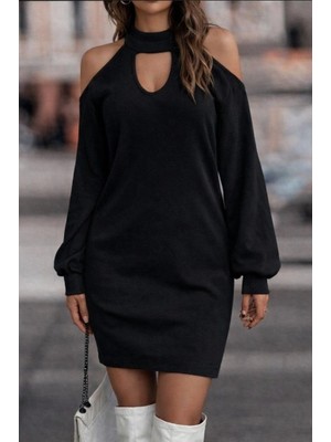 Veralya Kadın Uzun Kollu Omuzları Açık Boyundan Şerit Detay Kaşkorse Elbise