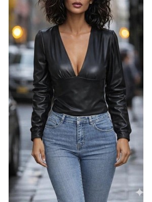 Veralya Kadın Uzun Kollu Derin V Yakalı Deri Zıbın