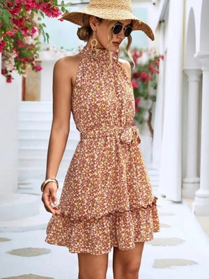 Veralya Kadın Eteği Volanlı Halter Yaka Süprem Elbise