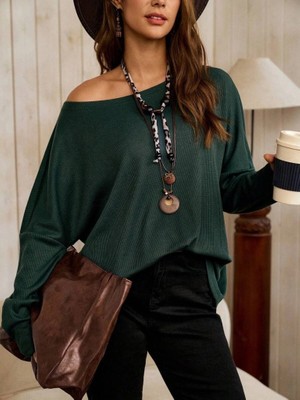 Veralya Kadın Tek Omuzdan Açık Yarasa Kollu Waffle Bluz