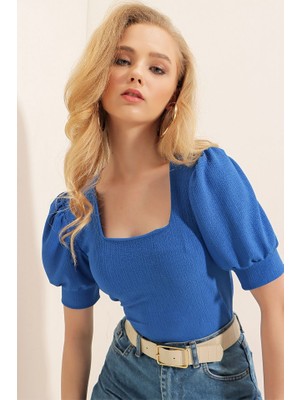 Nidam Butik 0409 Kare Yaka Örme Bluz - Saks