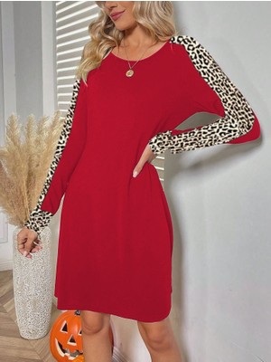 Nidam Butik Kadın Uzun Kollu Bisiklet Yaka Kollar Leopar Detay Iki Iplik Mini Boy Elbise
