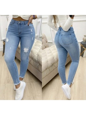 Veralya Kadın Yüksek Bel Yırtık Desenli Skınny Kot Pantolon