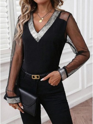 Veralya Kadın Uzun Kollu V Yakalı Tül Detaylı Ithal Krep Bluz