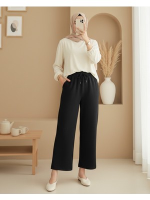 Modamorfo Cepli Beli Bağcıklı Zra Krep Pantolon  -Siyah