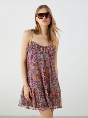 Lc Waikiki Yeni Sezon Etnik Desenli Askılı A Kesim Şifon Mini Elbise