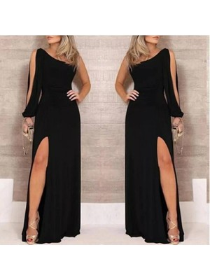 Veralya Tek Omuz Açık Derin Yırtmaçlı Krep Tam Boy Elbise