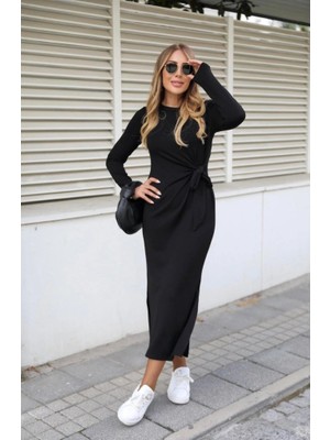 Veralya Kadın Uzun Kollu Bisiklet Yaka Belden Çapraz Bağlamalı Yandan Yırtmaçlı Uzun Viskon Iki Iplik Elbise