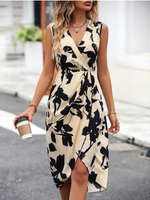 Veralya Kadın Sıfır Kol Kruvaze Yaka Önden Çapraz Kesim Detaylı  Oysho Süprem Elbise