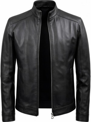 Erkek Hakiki Deri Siyah Dik Yaka Fermuarlı Ceket | Minimal Tasarım, Şık ve Günlük Kullanım