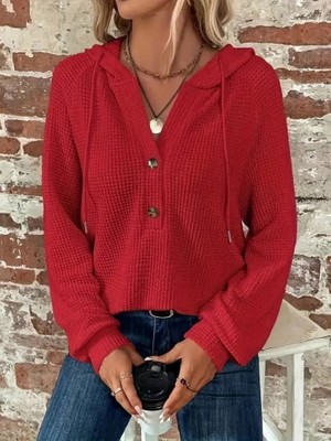 Veralya Kadın Uzun Kollu Kapşonlu Önü Düğmeli ve Bağcıklı Waffle Bluz