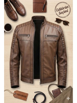 Erkek Hakiki Deri Kahverengi Dik Yaka Ceket | Kapitone Omuz, Fermuarlı, Çift Göğüs Fermuar Cepli