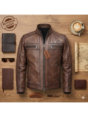 Erkek Hakiki Deri Kahverengi Dik Yaka Ceket | Fermuarlı, Çift Göğüs Fermuar Cepli, Yan Cepli