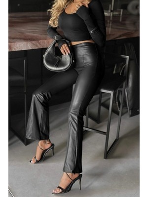 Veralya Kadın Yüksek Bel Paçaya Doğru Geniş Deri Pantolon