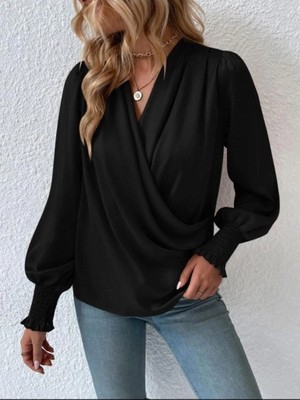 Veralya Kadın Uzun Kollu Dökümlü Kruvaze Yaka Kol Ucu Gipeli Sandy Bluz