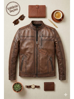 Erkek Kahverengi Hakiki Deri Ceket – Dik Yaka, Fermuarlı, Dikey Göğüs Cepli, Şık Mont