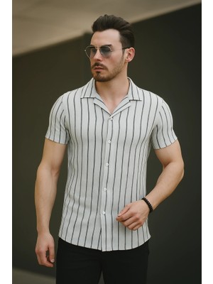 Veralya Erkek Kısa Kollu Gri Çizgi Desenli Örme Kumaş Pamuklu Gömlek